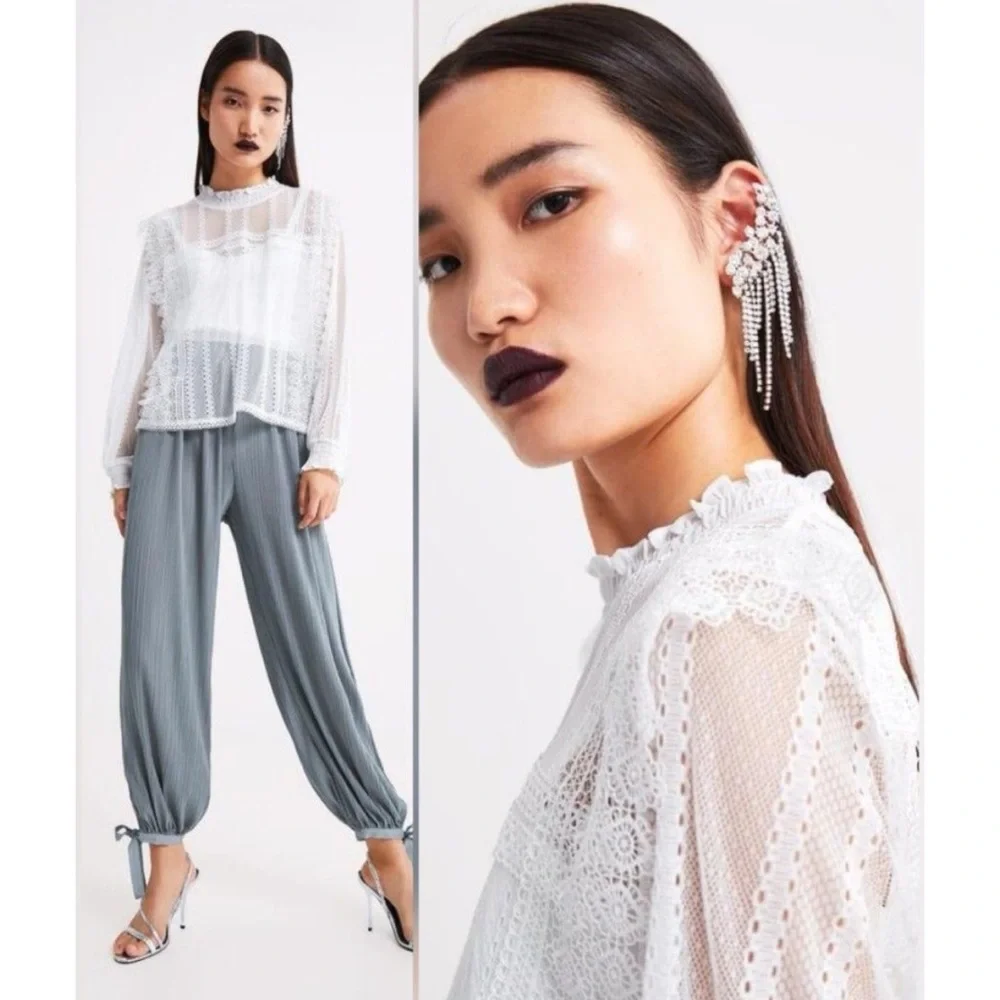 NWOT Zara White Lace Sheer Blouse Top Size S